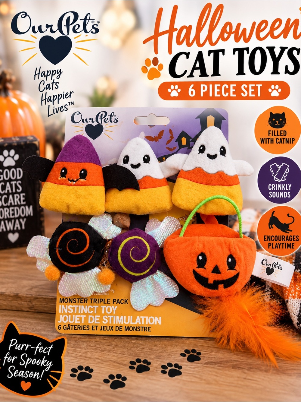 Halloween Cat Toy Set - Orange & Purple Candy Corn & Pumpkin Toys